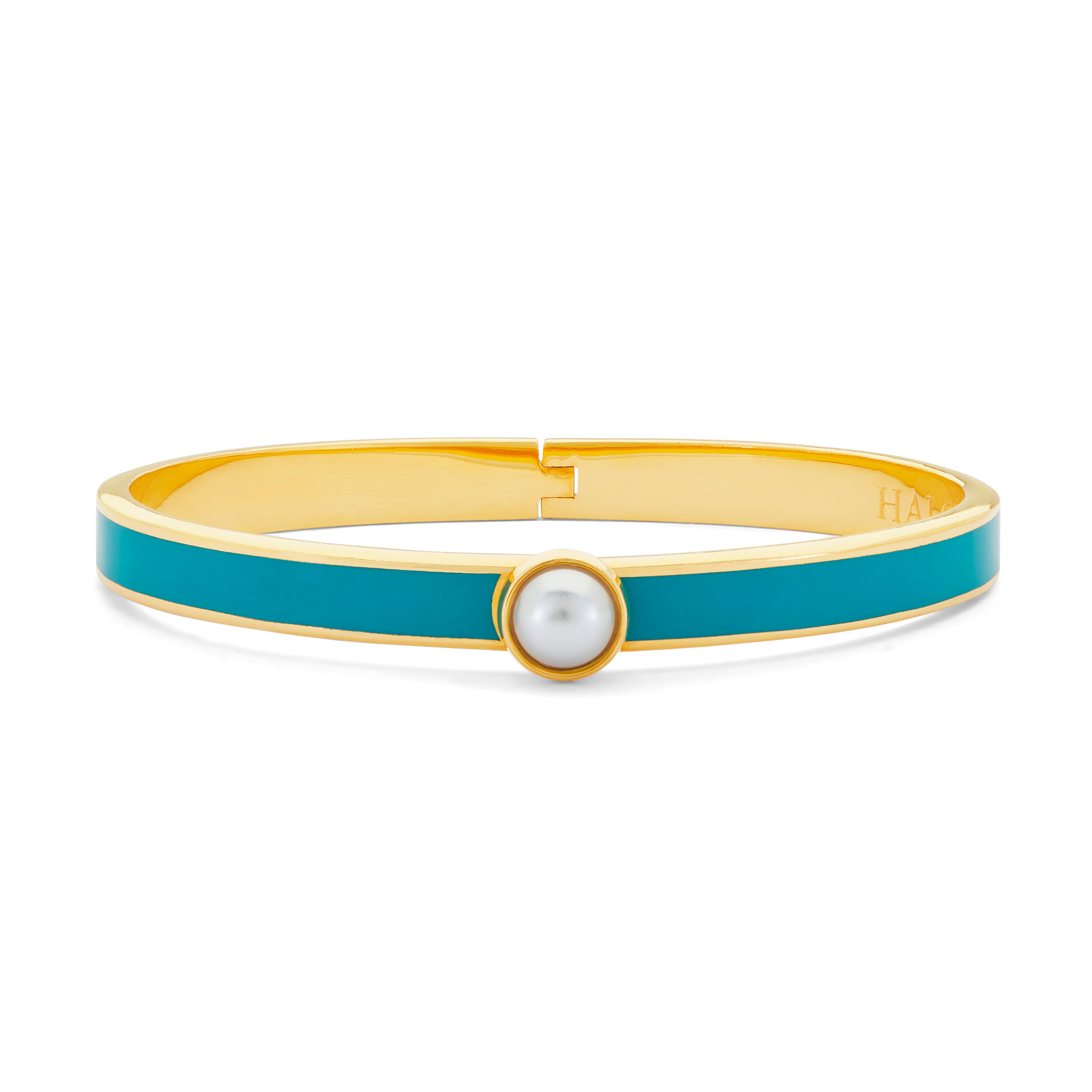 Skinny Cabochon Pearl Turquoise Gold Bangle Halcyon Days