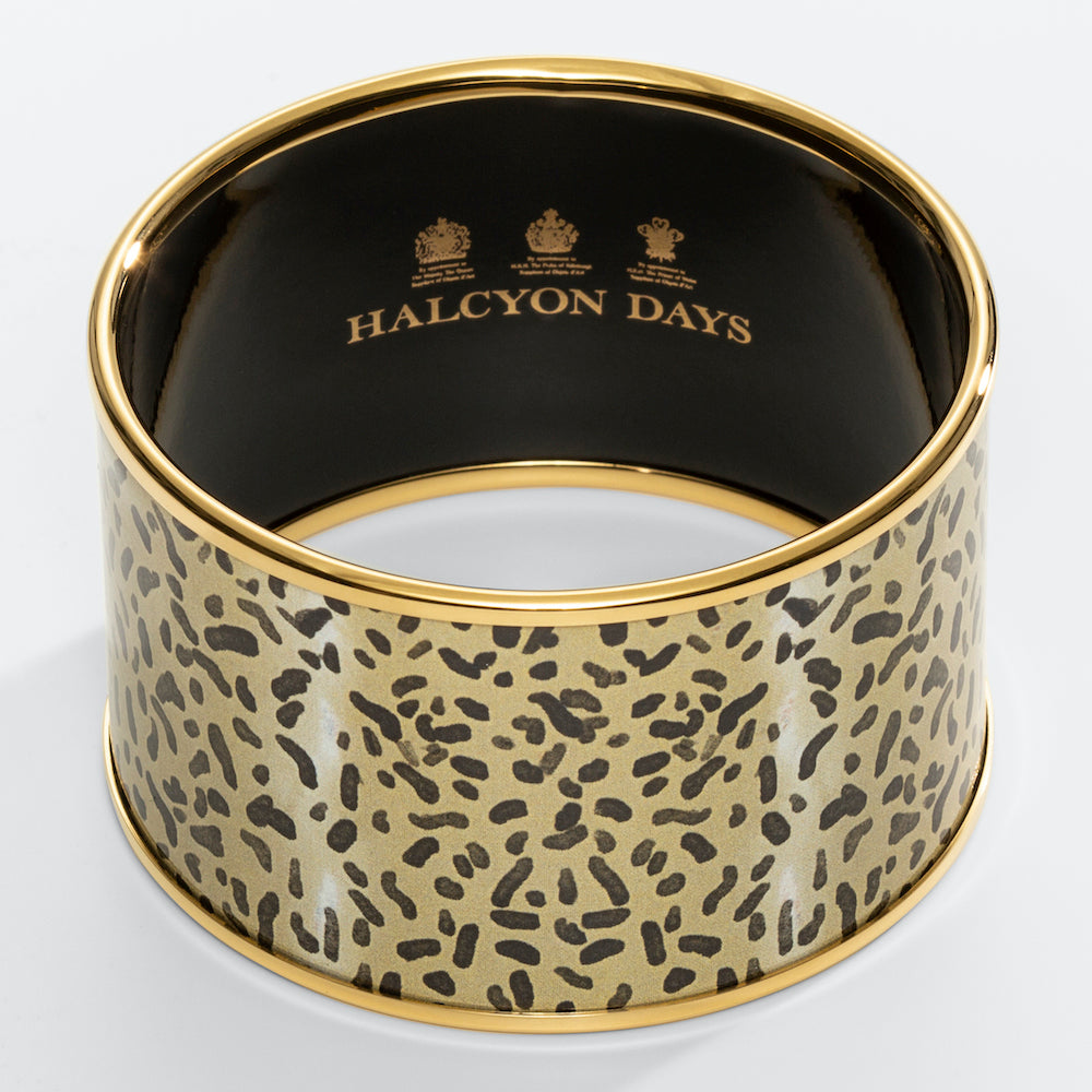 Halcyon Days enamel cuff in leopard print with gold rims