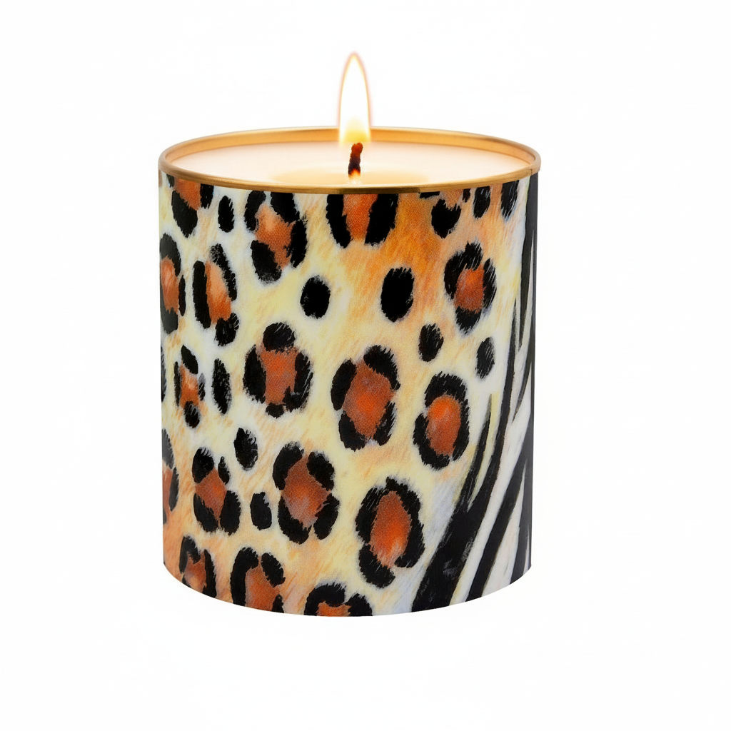 A fine bone china candle with a leopard print design, hand crafted and hand poured, with a vintage print gifting packaging.