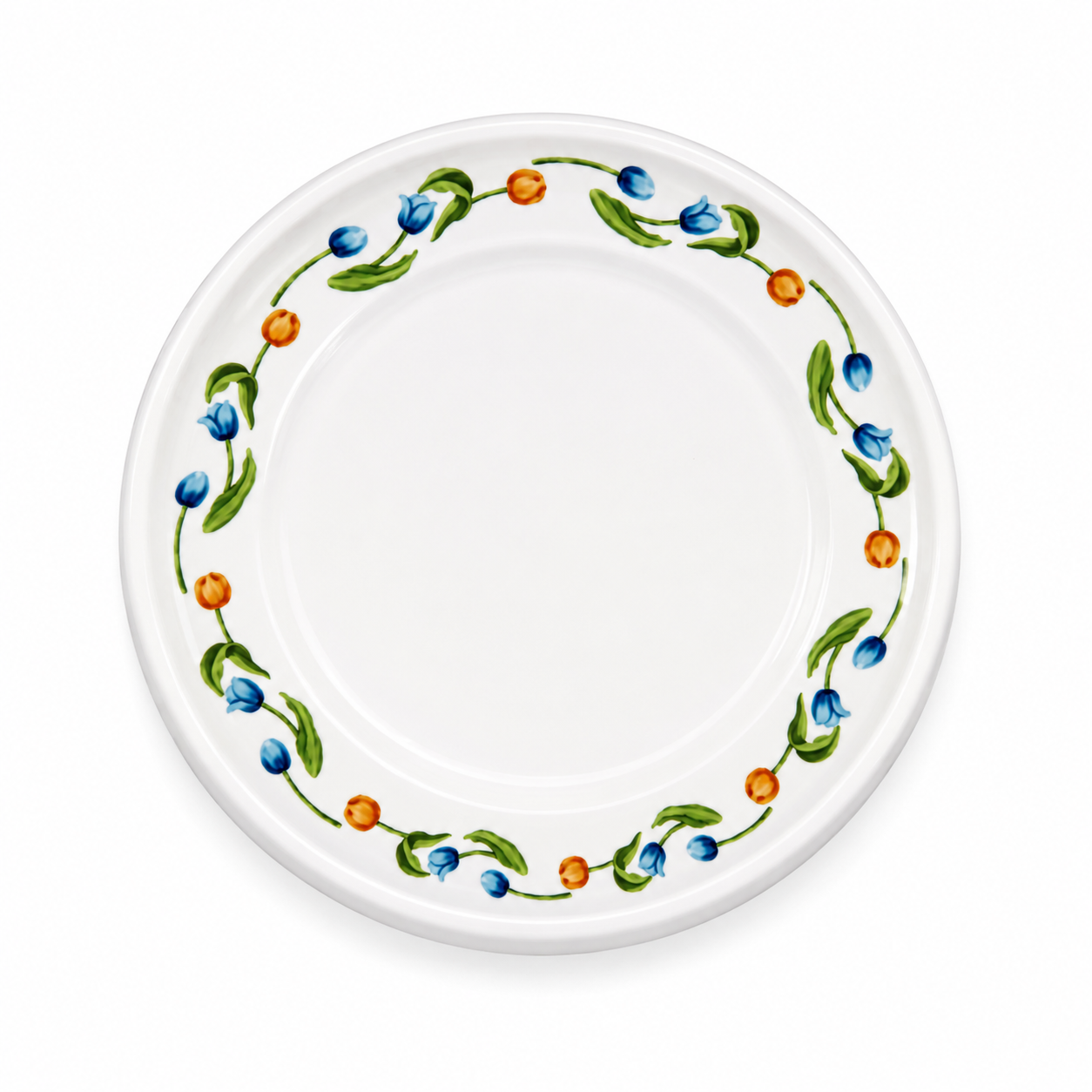 White plate with colorful floral design on a white background