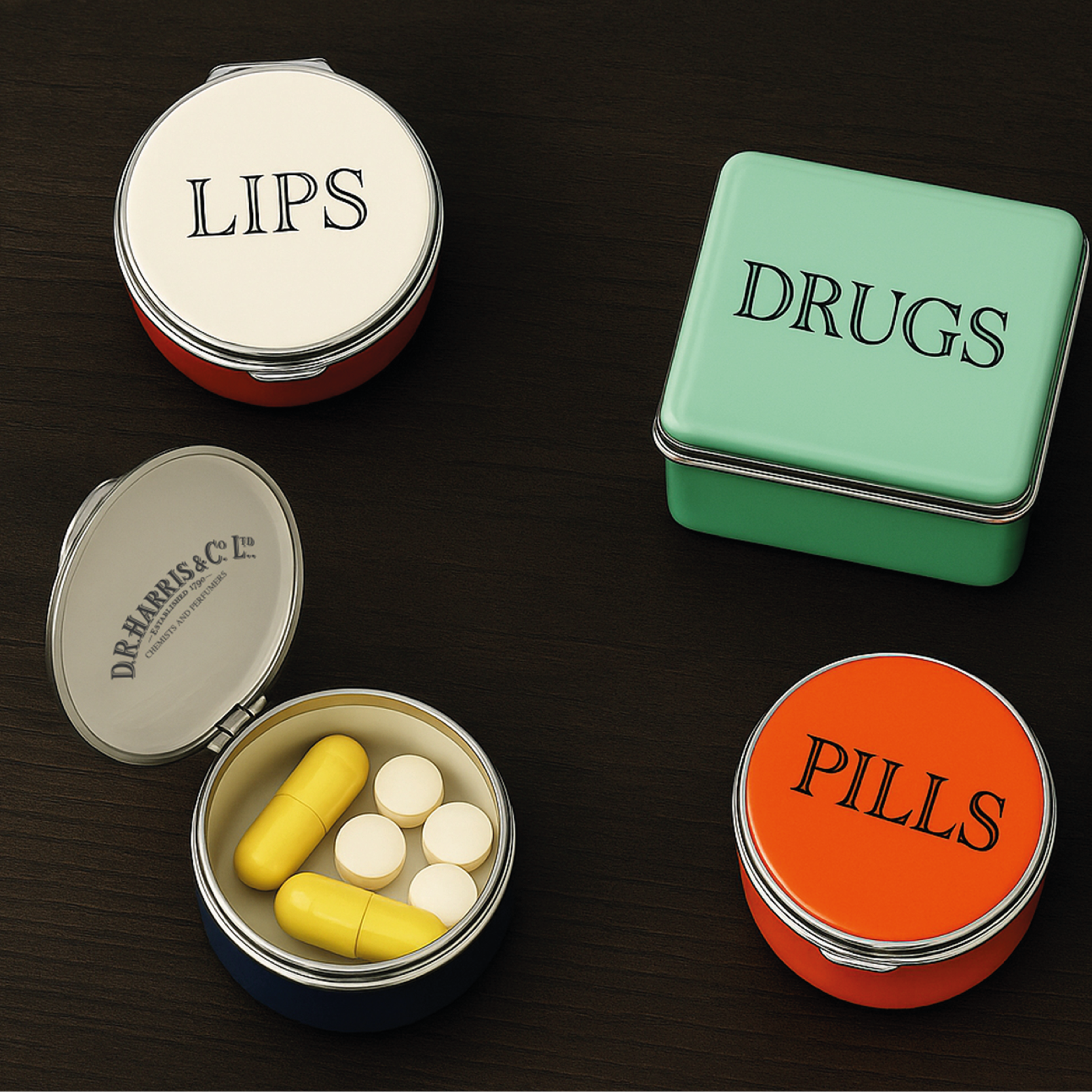Set of small enamel boxes labeled 'LIPS', 'DRUGS', 'MEDS', and 'PILLS' with promotional text for Halcyon Days x D.R.