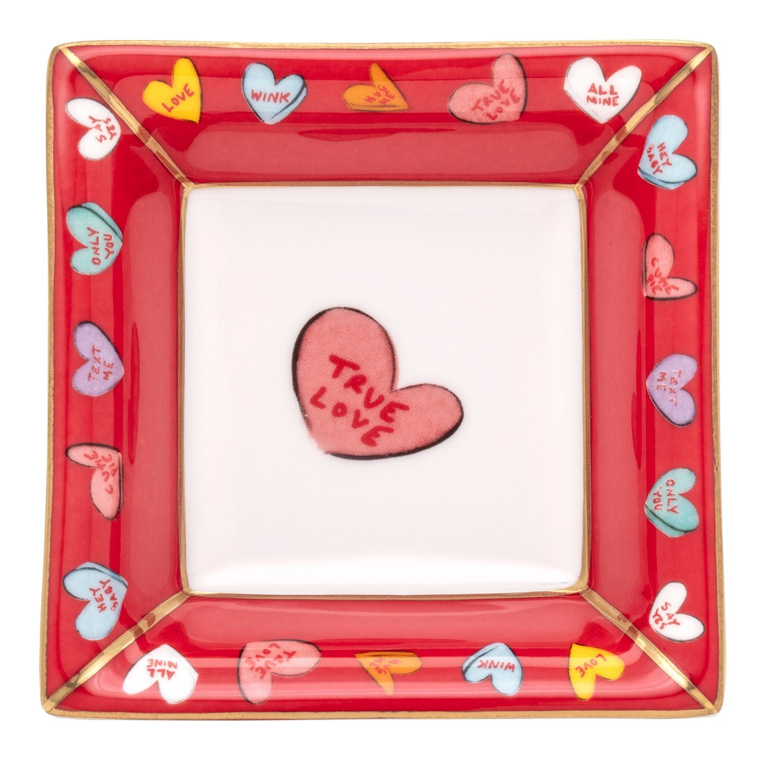 A red square trinket tray with a 'True Love' text design at the center, surrounded by various heart shapes and decorative elements.