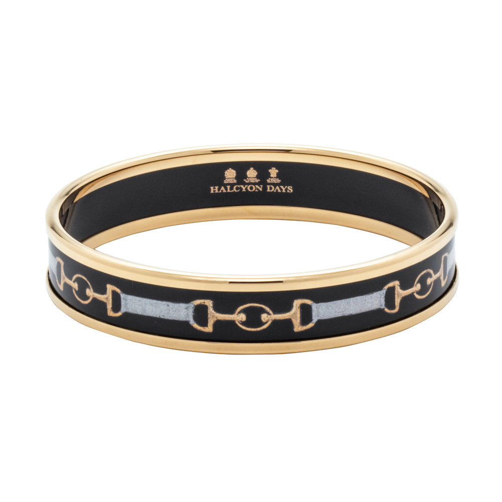 Women's black enamel bangle with interlinking bridle design